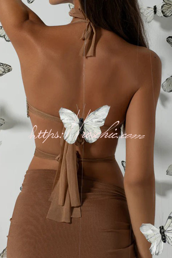 Gold Metallic Butterfly Halter Tank Top | Lace-Up Back