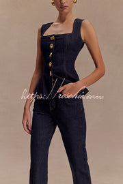 Denim Square Neck Sleeveless Button-Up Vest Top