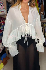 Chiffon Balloon Sleeve Tie-Up V-Neck Blouse | Boho Loose Fit