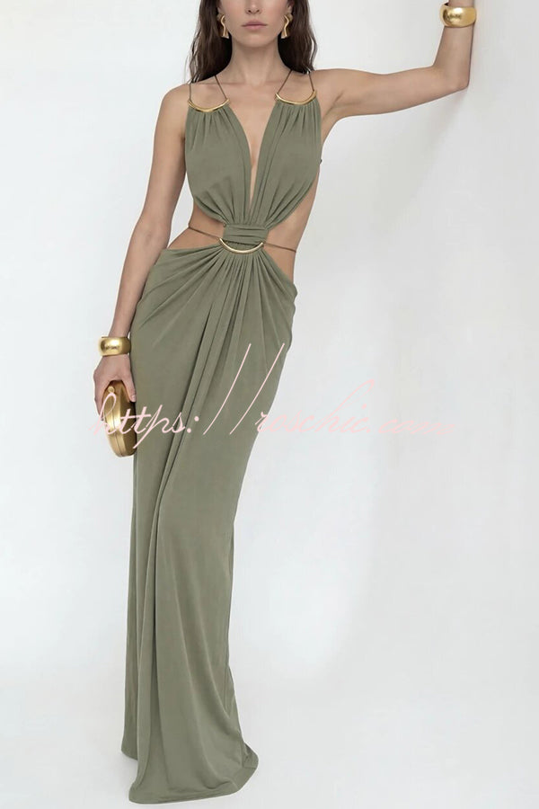 Metal-Link Cutout Back Lace-Up Drape Maxi Dress