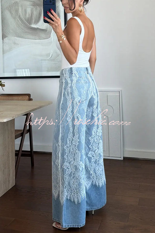 Wide Leg Jeans with Lace Patchwork Detail, High Rise
