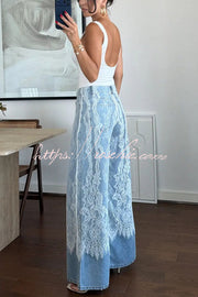 Wide Leg Jeans with Lace Patchwork Detail, High Rise