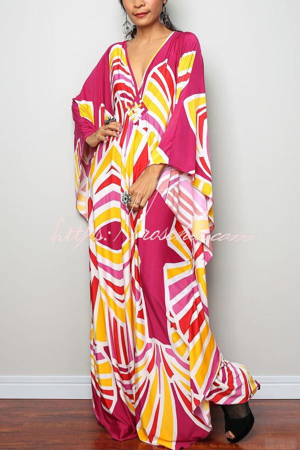 Printed Batwing Sleeve Loose Maxi Dress for Vacation