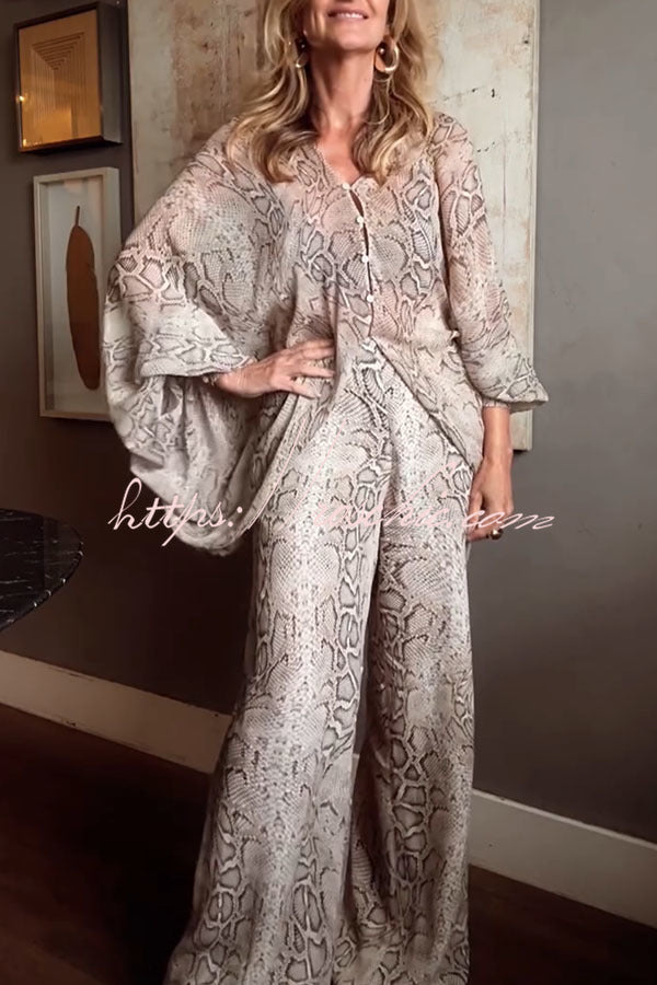 Animal Print Batwing Sleeve Shirt & Wide Leg Pants Set