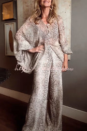 Animal Print Batwing Sleeve Shirt & Wide Leg Pants Set