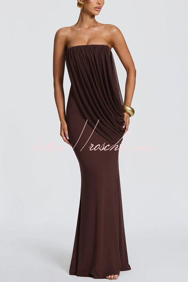 Modal Knit Strapless Maxi Dress with Asymmetric Draped Mesh