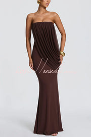 Modal Knit Strapless Maxi Dress with Asymmetric Draped Mesh