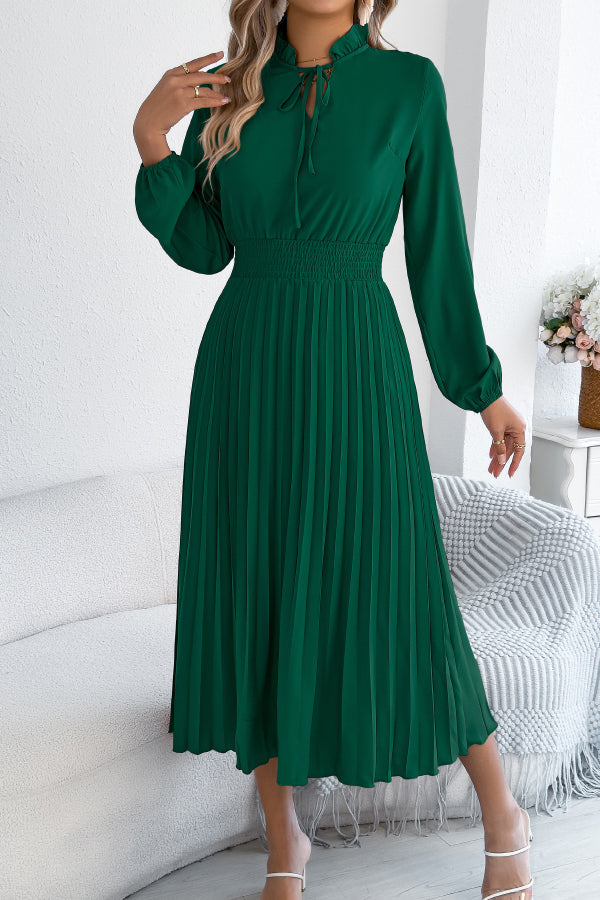 Women's Long Sleeve Pleated Midi Dress – Fitted Waist