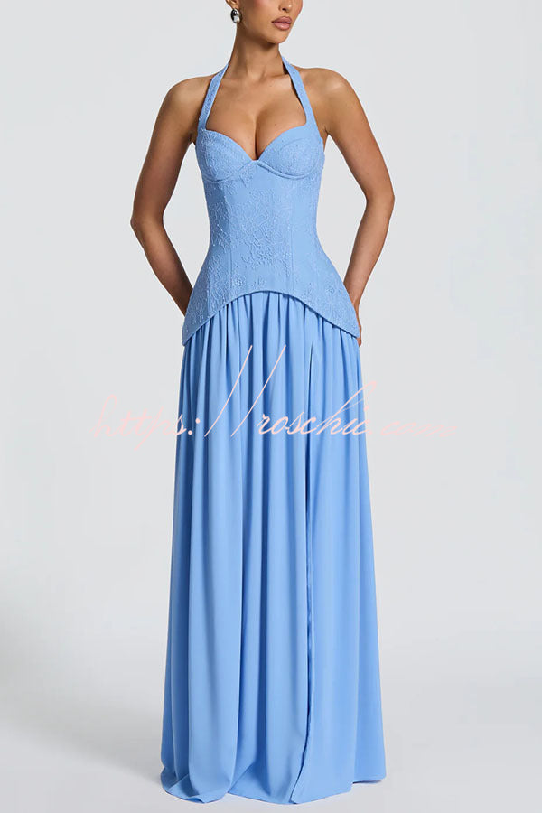 Crepe Lace Bodice Halter Chiffon Pleated Maxi Dress