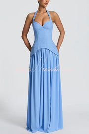 Crepe Lace Bodice Halter Chiffon Pleated Maxi Dress