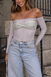 Sequin Mesh Bardot Off-Shoulder Long Sleeve Top