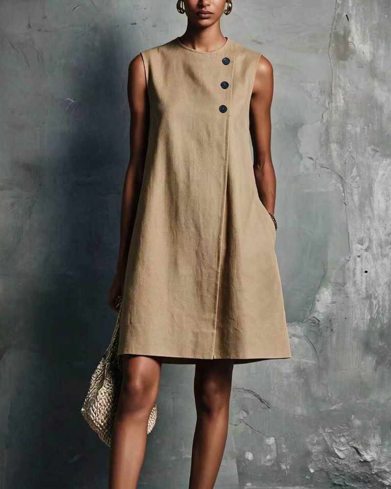 Linen Round Neck Buttons Mini Dress