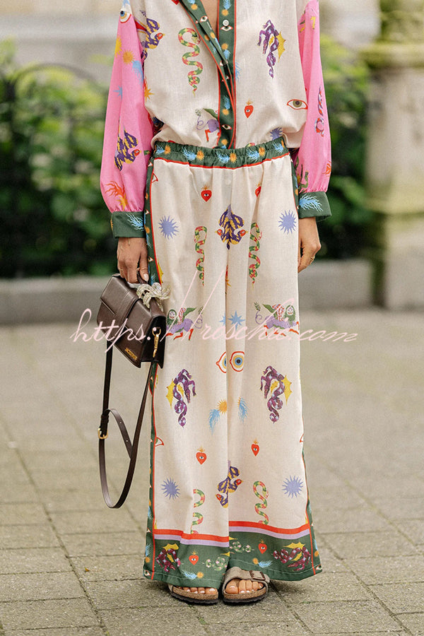 Linen Blend Printed Loose Blouse and Pants Set with Pockets