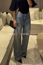Rhinestone High-Rise Loose Straight Jeans with Pockets