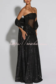 Sequined Mesh Off Shoulder Ruched Maxi Dress for Parties
