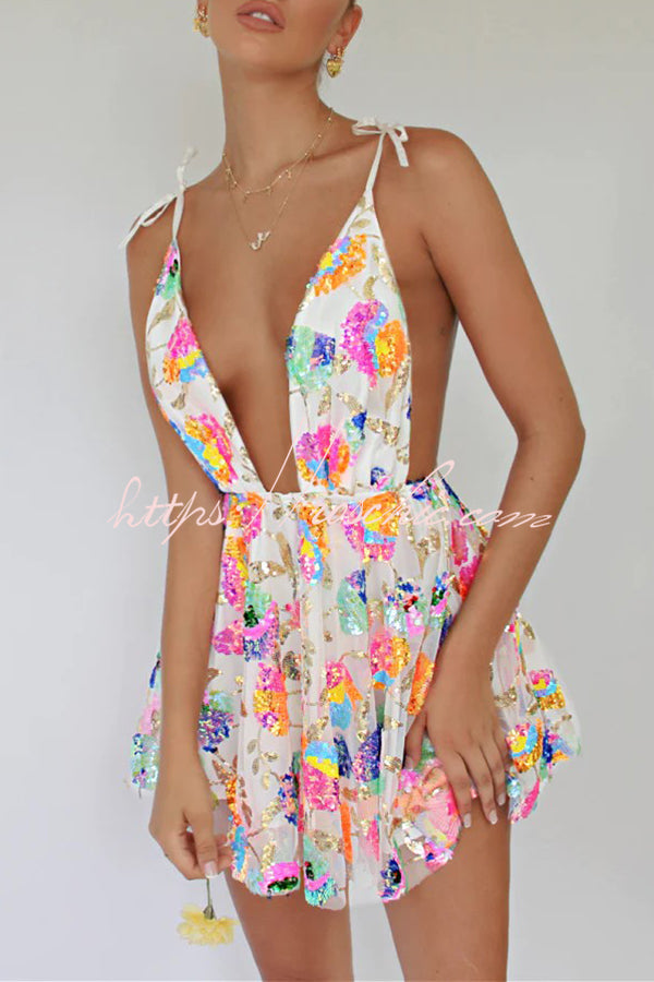 Sequin Floral V-Neck Open Back A-Line Mini Dress