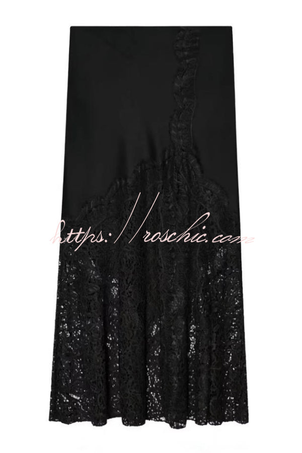 Silk Satin & Lace Spliced Maxi Skirt | Elegant Vacation Style