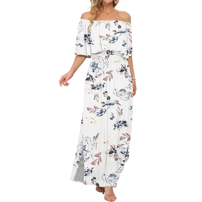 [Restocked] AUSELILY Women's Plus Size Off The Shoulder Dress Wedding Guest Dress Summer Casual Long Ruffle Party Side Split Beach Maxi Dresses with Pockets