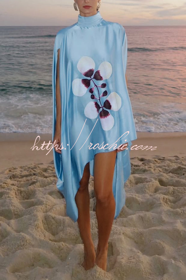 Satin Floral Print Pleated High-Neck Mini Dress