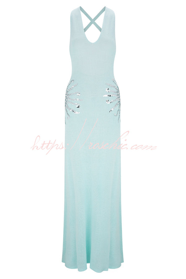 Sequin Knit Maxi Dress with Open Cross-Strap Back