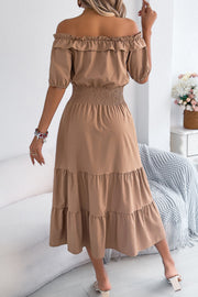 Off-Shoulder Pleated Midi Dress – Casual Vacation Style