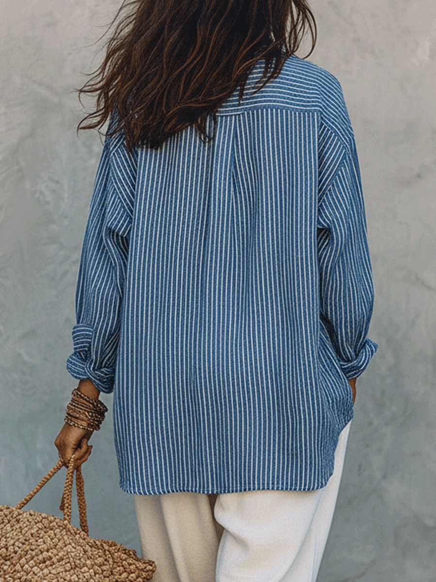 Blue Stripe Long Sleeve Blouse – Relaxed Bohemian Fit