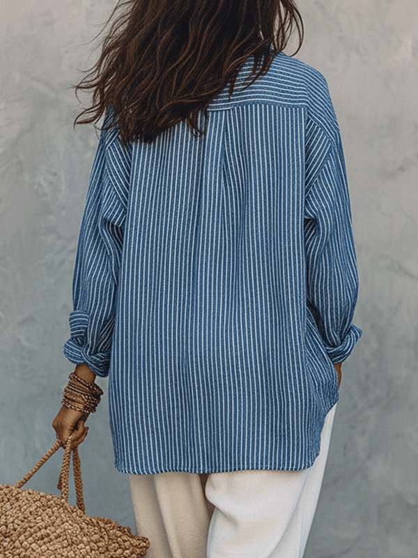 Blouse à manches longues à rayures bleues – Coupe bohème décontractée