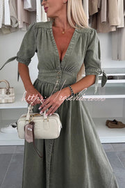 Denim Midi Dress V-Neck Button-Down Half Sleeve Loose Fit