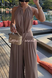 Metal Ring Halter Neck Bodysuit & Wide Leg Pants Set
