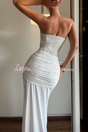Sequined Satin Jersey Off-Shoulder Ruched Maxi Dress