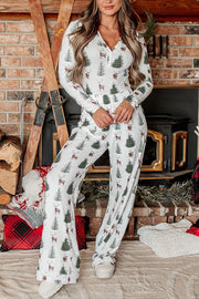 Christmas Elk Print Pajama Lounge Set with Ribbed Elastic Waist