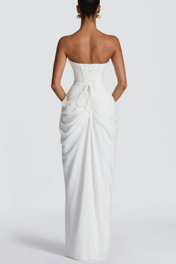 Chiffon Strapless Maxi Dress with Asymmetrical Pleats & Slit