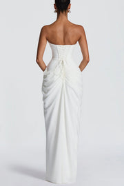 Chiffon Strapless Maxi Dress with Asymmetrical Pleats & Slit