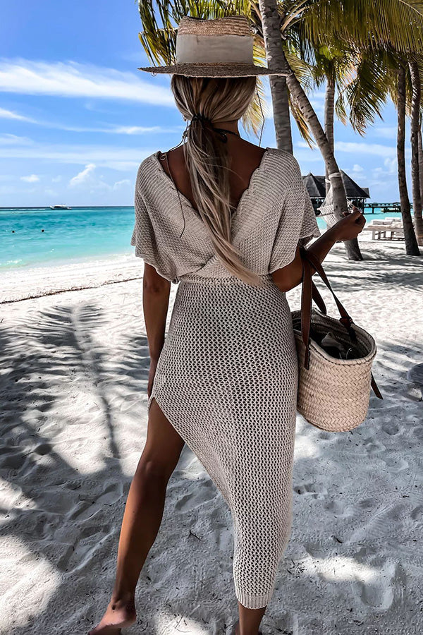 Knit Beach Cover Up Dress | Batwing Sleeve Calf Length