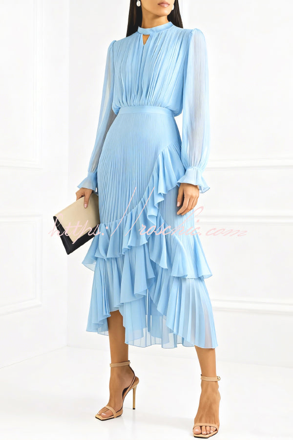 Ruffle Midi Dress Long Sleeve Round Neck Fitted Waist