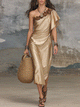 Champagne Gold One-Shoulder Satin Midi Dress