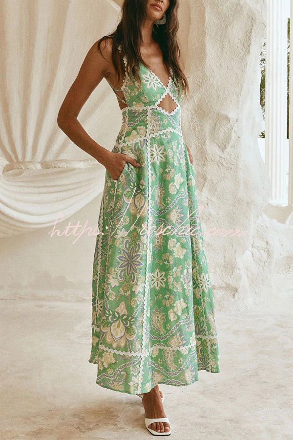 Linen Blend Printed V-Neck Sleeveless Maxi Dress