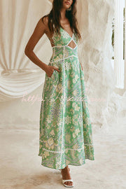 Linen Blend Printed V-Neck Sleeveless Maxi Dress