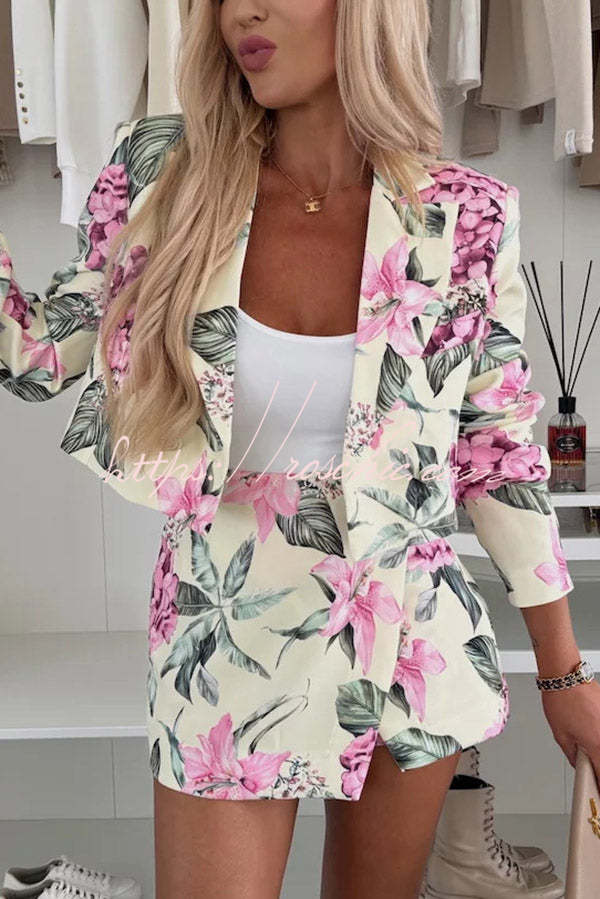 Floral Print Crop Blazer with Lapel & Long Sleeves