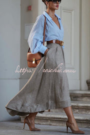 Linen Blend Balloon Sleeve V-Neck Blouse – Loose Fit