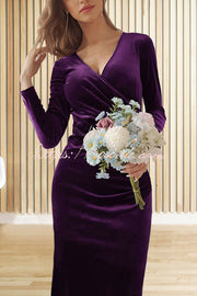 Velvet Long Sleeve V-Neck Fishtail Maxi Dress – Slim Fit