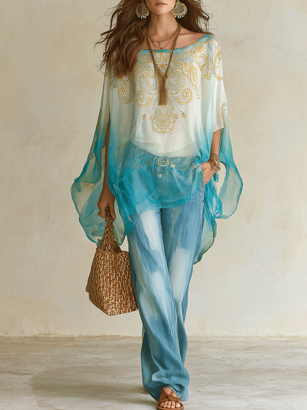 Blouse à manches longues transparente ombrée turquoise | Style côtier