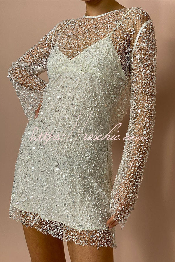 Sequin & Pearl Embellished Long Sleeve Mini Dress