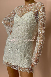 Sequin & Pearl Embellished Long Sleeve Mini Dress