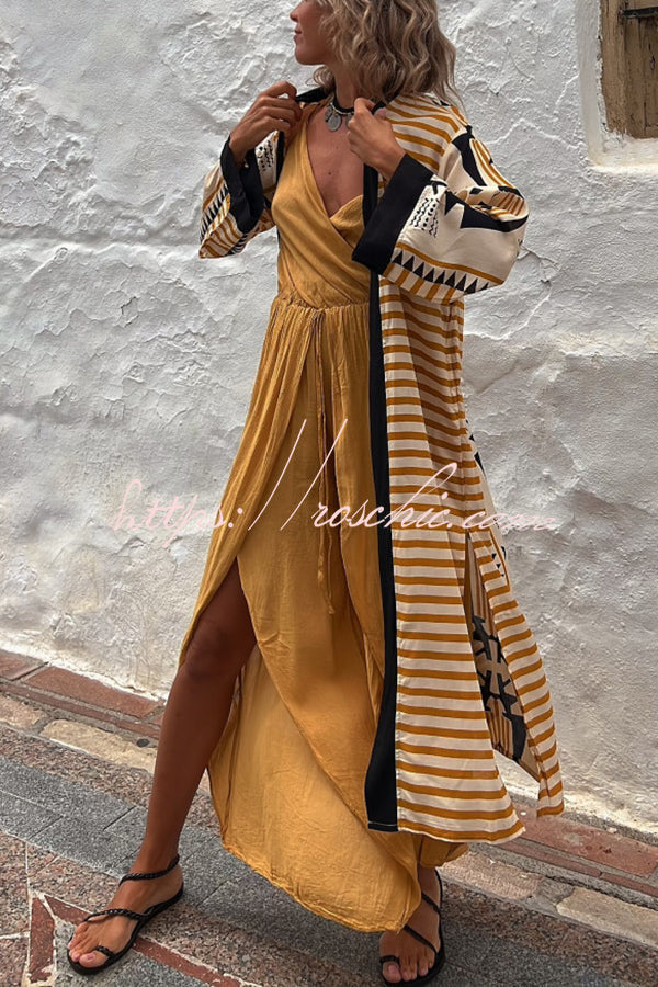 Retro Geometric Print Open Front Duster Kimono Cardigan