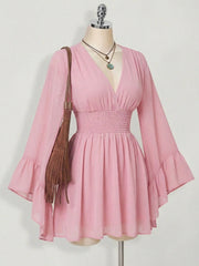 Gothic V-Neck Mini Dress - Long Sleeve Belted Fitted Dress
