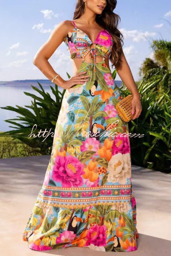 Tropical Print Maxi Dress - Lace-Up V Neck Vacation Dress
