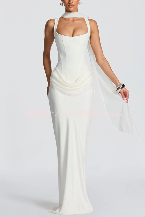 Square Neck Satin Drape Maxi Dress with Lace-Up Back