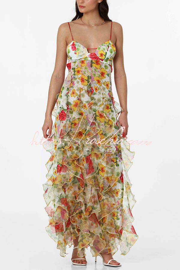 Robe longue à volants et à volants en mousseline de soie imprimé roses - Col en V