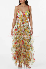 Robe longue à volants et à volants en mousseline de soie imprimé roses - Col en V
